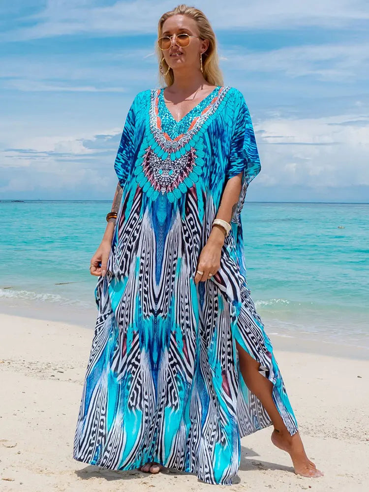 Caftan Long de Plage Imprimé à Encolure en V