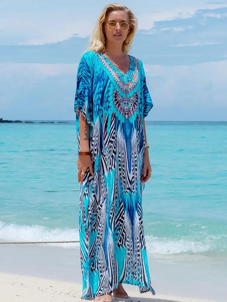 Caftan Long de Plage Imprimé à Encolure en V