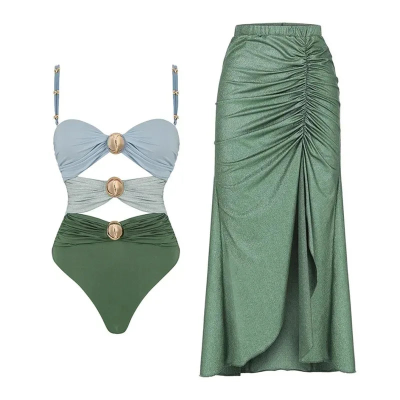Maillot Drapé avec Découpes et Bouton | Pareo Offert