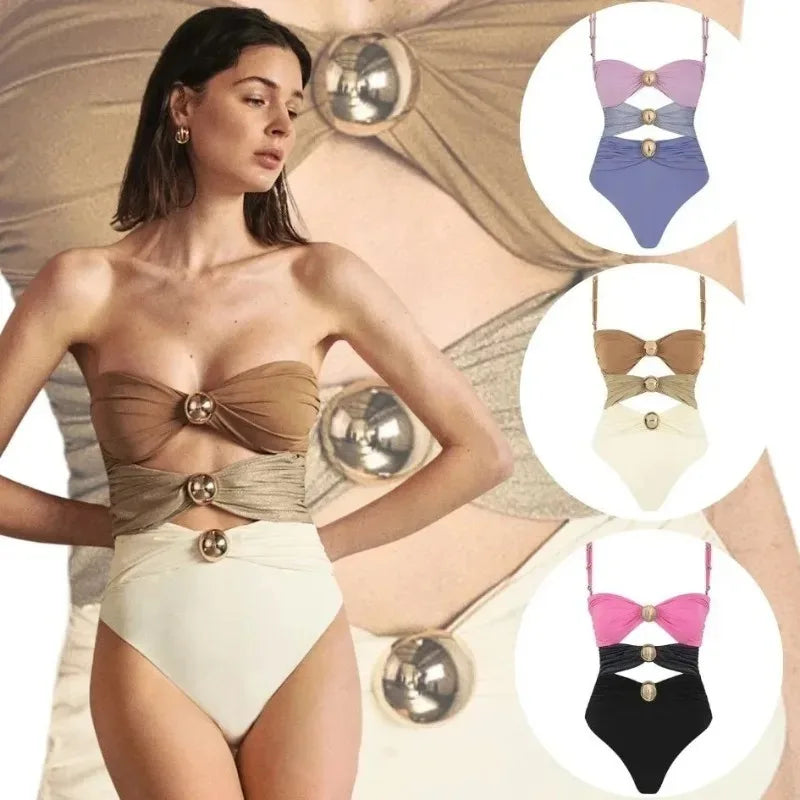 Maillot Drapé avec Découpes et Bouton | Pareo Offert