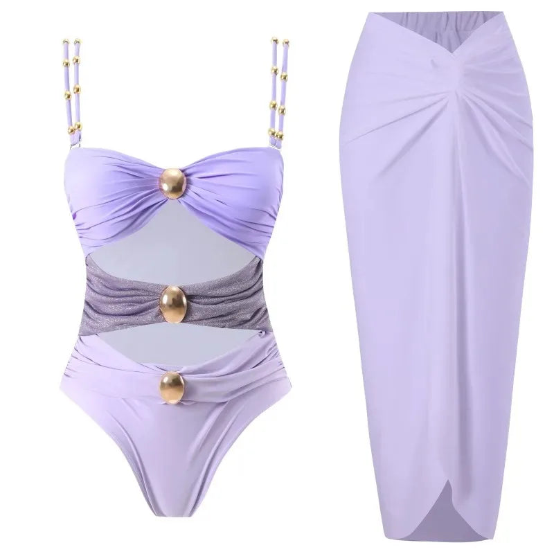 Maillot Drapé avec Découpes et Bouton | Pareo Offert