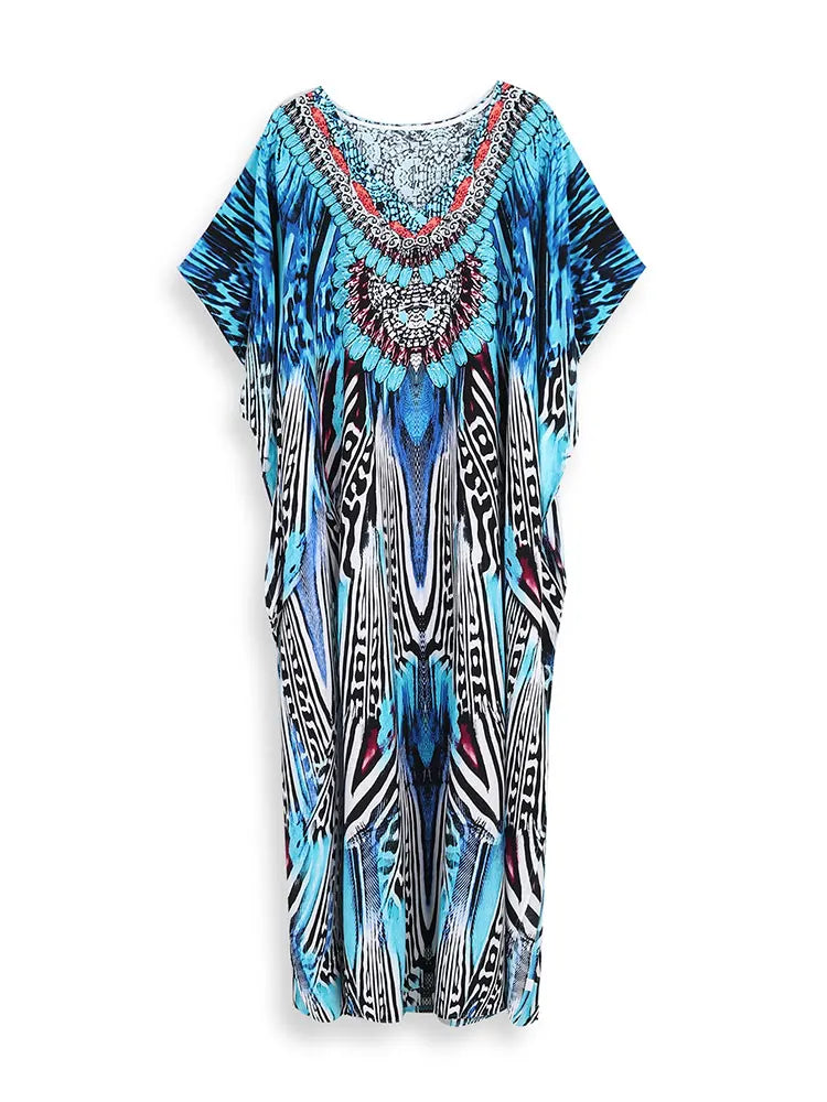 Caftan Long de Plage Imprimé à Encolure en V