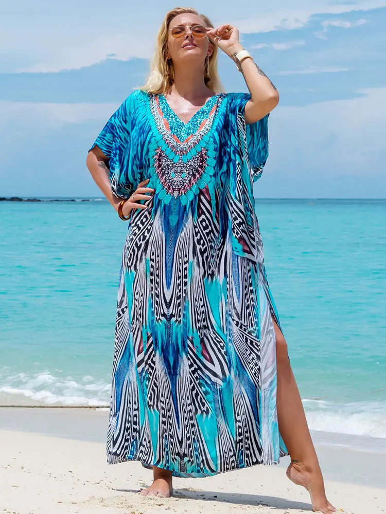 Kaftan Saída de Praia Longa Estampada Decote V