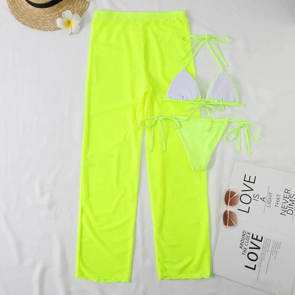 Conjunto Neon com Biquini Cortininha e Calca Fluida